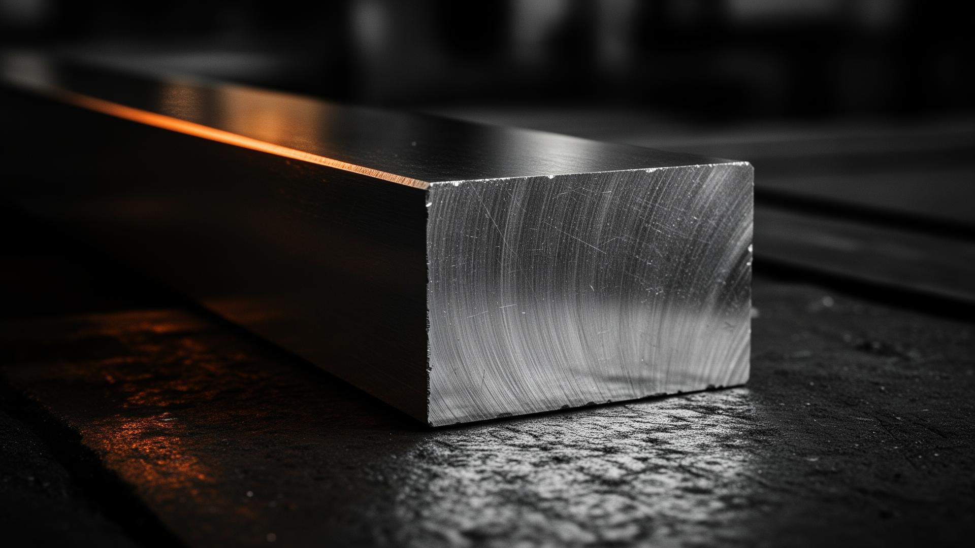 Macro photograph of a polished steel bar cross-section in an industrial setting